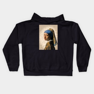 Pearl Earring Painting on Antique Letter Collage Famous Painting Series Kids Hoodie